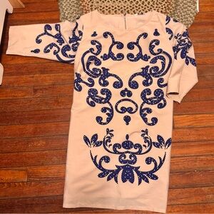 Chic Nation Beige Dress with Blue Embroidery